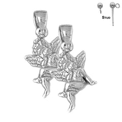 Pendientes de ángel 3D de plata de ley de 21 mm (chapados en oro blanco o amarillo)