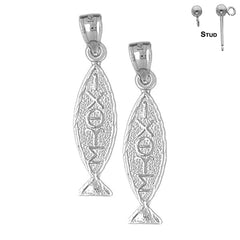 Sterling Silver 32mm Christian Fish With Oxeye Earrings (White or Yellow Gold Plated)