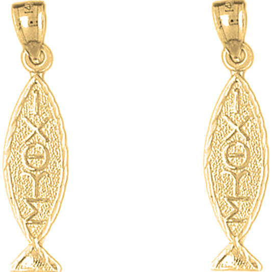 Yellow Gold-plated Silver 32mm Christian Fish With Oxeye Earrings