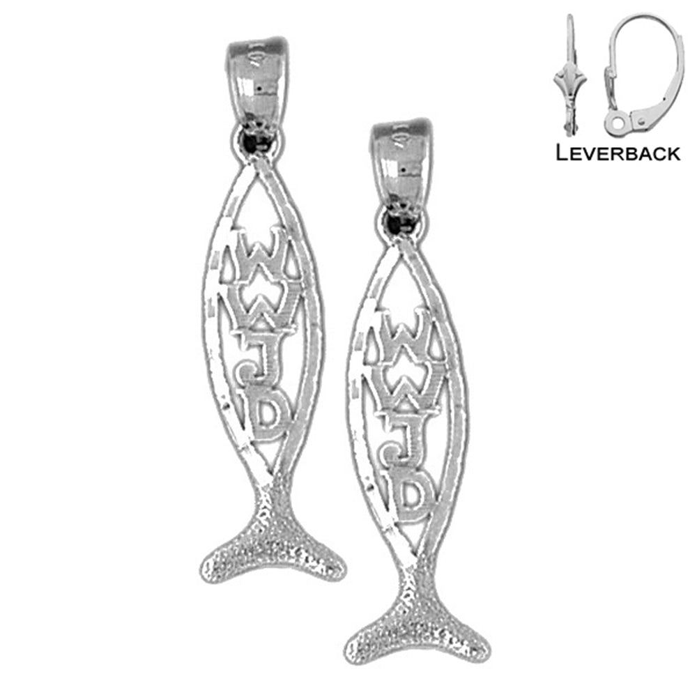 Sterling Silver 33mm Christian Fish With WWJD Earrings (White or Yellow Gold Plated)