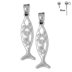 Sterling Silver 33mm Christian Fish With WWJD Earrings (White or Yellow Gold Plated)
