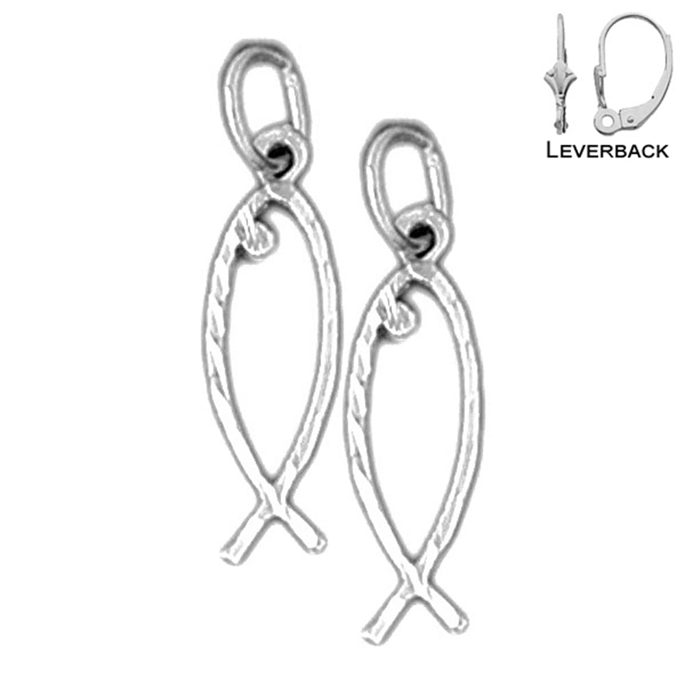 Sterling Silver 22mm Ichthus Christian Fish Earrings (White or Yellow Gold Plated)