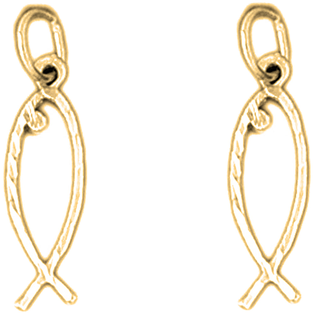 Yellow Gold-plated Silver 22mm Ichthus Christian Fish Earrings
