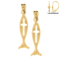 14K or 18K Gold Christian Fish With Cross Earrings