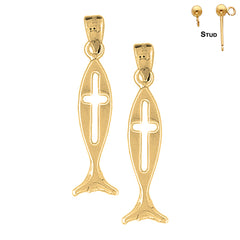 Sterling Silver 36mm Christian Fish With Cross Earrings (White or Yellow Gold Plated)