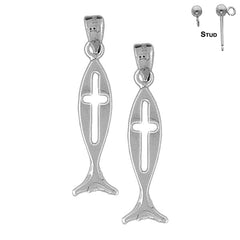 Sterling Silver 36mm Christian Fish With Cross Earrings (White or Yellow Gold Plated)