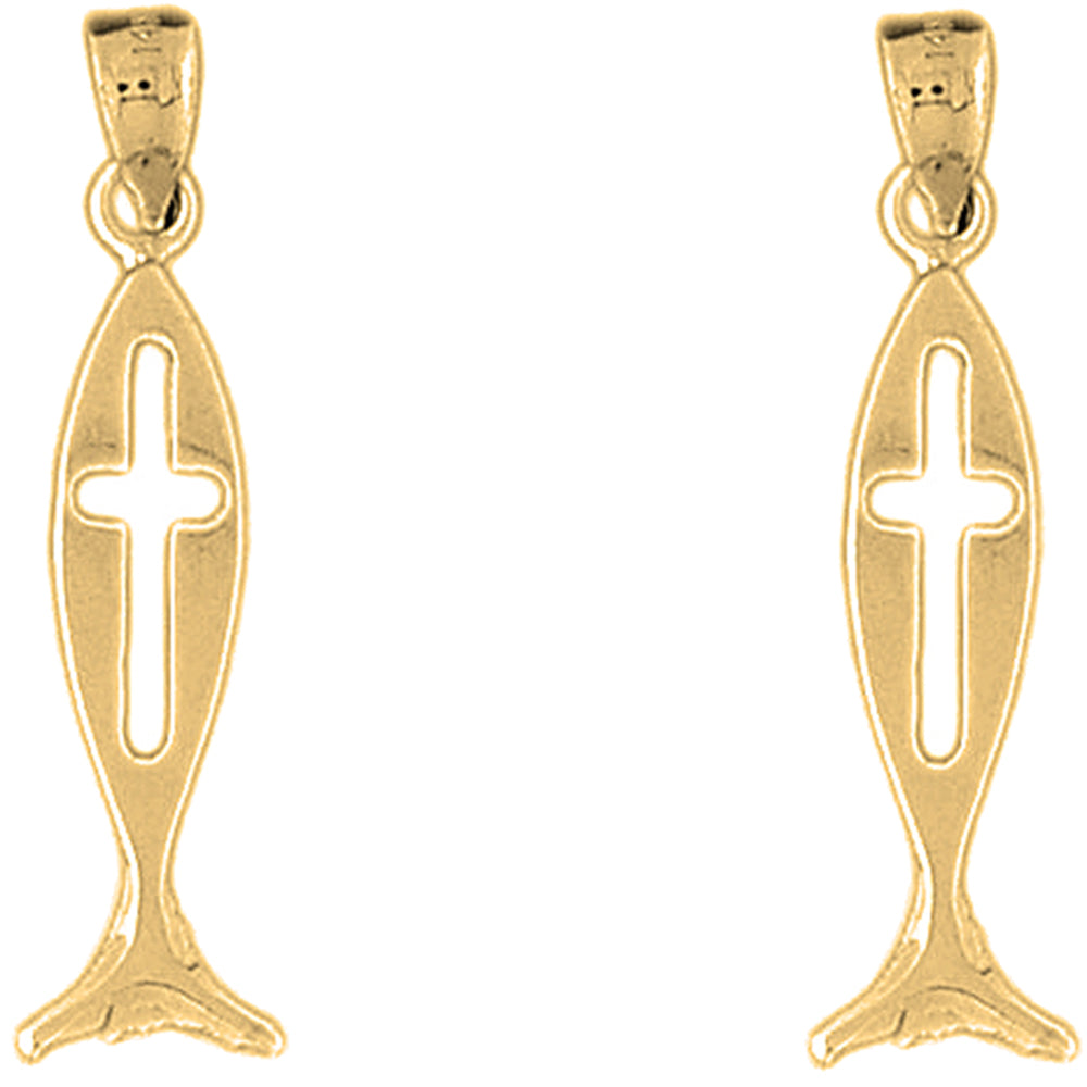 Yellow Gold-plated Silver 36mm Christian Fish With Cross Earrings