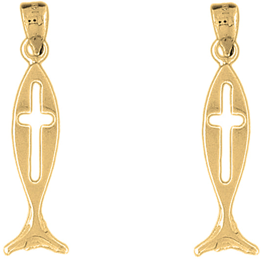 Yellow Gold-plated Silver 36mm Christian Fish With Cross Earrings