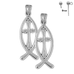 Sterling Silver 29mm Christian Fish With Cross Earrings (White or Yellow Gold Plated)