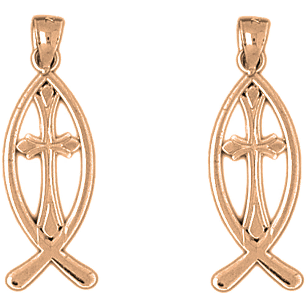 14K or 18K Gold 29mm Christian Fish With Cross Earrings