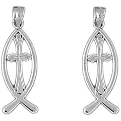 Sterling Silver 29mm Christian Fish With Cross Earrings