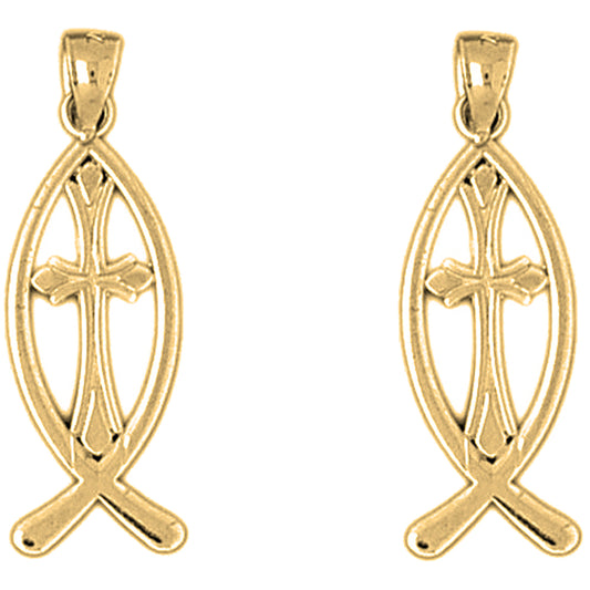Yellow Gold-plated Silver 29mm Christian Fish With Cross Earrings