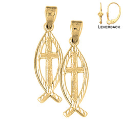 14K or 18K Gold Christian Fish With Cross Earrings