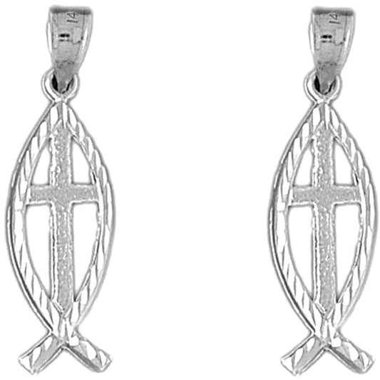 14K or 18K Gold 32mm Christian Fish With Cross Earrings