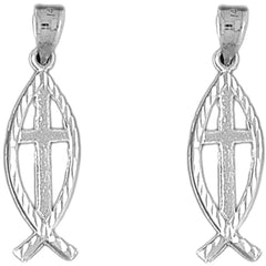 Sterling Silver 32mm Christian Fish With Cross Earrings