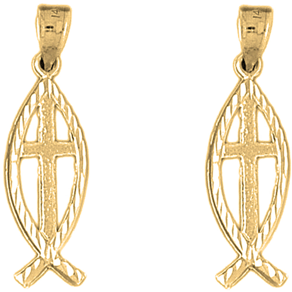 Yellow Gold-plated Silver 32mm Christian Fish With Cross Earrings