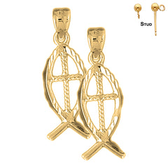 Sterling Silver 31mm Christian Fish With Cross Earrings (White or Yellow Gold Plated)
