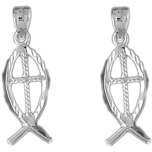 Sterling Silver 31mm Christian Fish With Cross Earrings