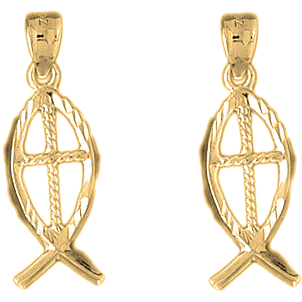 Yellow Gold-plated Silver 31mm Christian Fish With Cross Earrings