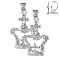 Sterling Silver 36mm Crown With Cross Earrings (White or Yellow Gold Plated)