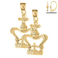 Sterling Silver 36mm Crown With Cross Earrings (White or Yellow Gold Plated)