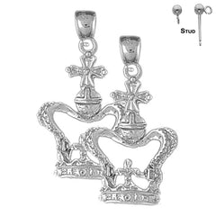 Sterling Silver 36mm Crown With Cross Earrings (White or Yellow Gold Plated)