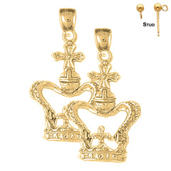 Sterling Silver 36mm Crown With Cross Earrings (White or Yellow Gold Plated)