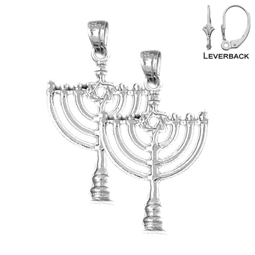 Sterling Silver 31mm Menorah with Star of David Earrings (White or Yellow Gold Plated)