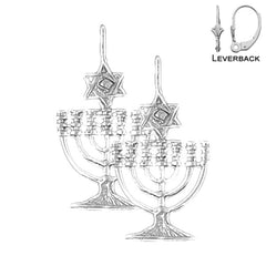 Sterling Silver 30mm Menorah with Star of David Earrings (White or Yellow Gold Plated)