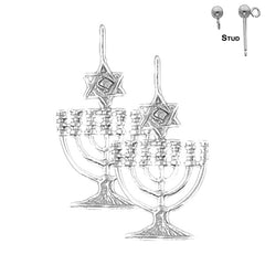 Sterling Silver 30mm Menorah with Star of David Earrings (White or Yellow Gold Plated)