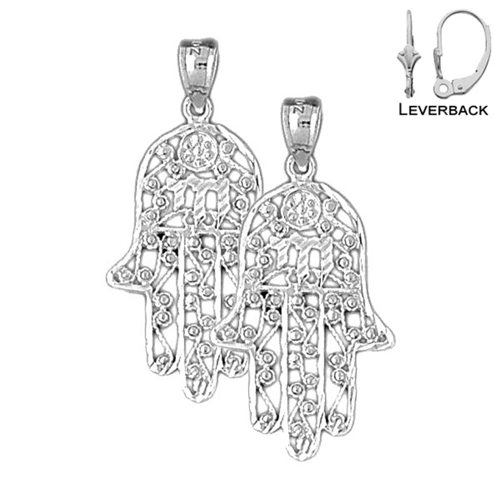 Sterling Silver 36mm Hamsa with Chai Earrings (White or Yellow Gold Plated)