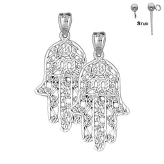 Sterling Silver 36mm Hamsa with Chai Earrings (White or Yellow Gold Plated)