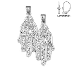 Sterling Silver 34mm Hamsa Earrings (White or Yellow Gold Plated)