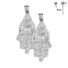 Sterling Silver 34mm Hamsa Earrings (White or Yellow Gold Plated)