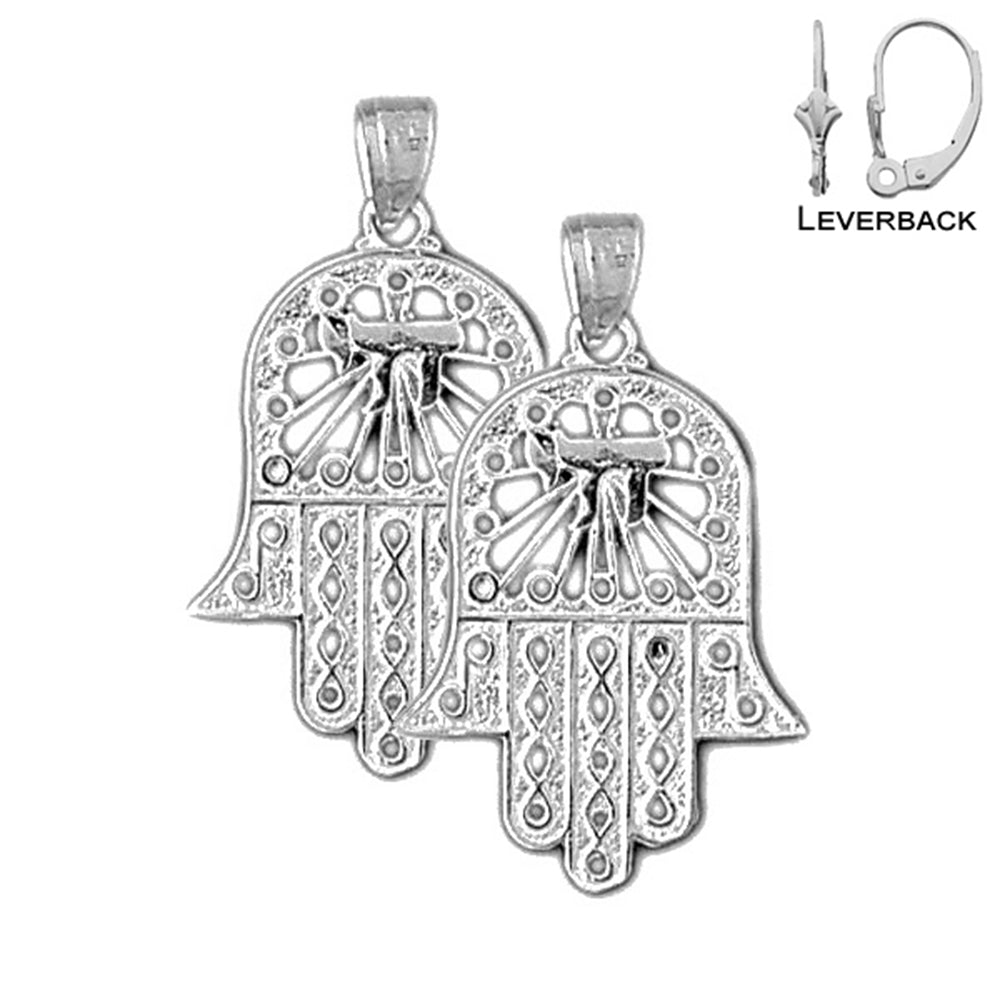 Sterling Silver 29mm Hamsa with Chai Earrings (White or Yellow Gold Plated)