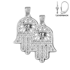 Sterling Silver 29mm Hamsa with Chai Earrings (White or Yellow Gold Plated)