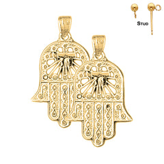 Sterling Silver 29mm Hamsa with Chai Earrings (White or Yellow Gold Plated)