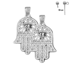 Sterling Silver 29mm Hamsa with Chai Earrings (White or Yellow Gold Plated)