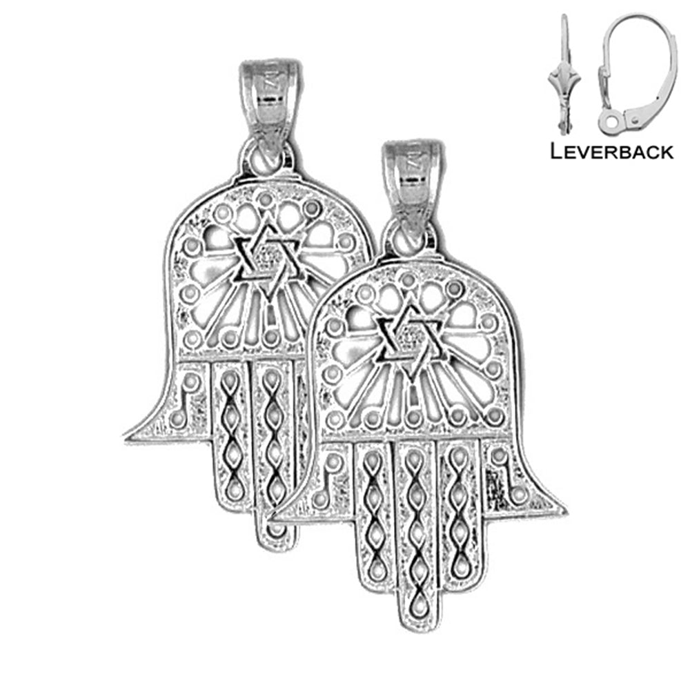 Pendientes de plata de ley de 30 mm con estrella de David y Hamsa (chapados en oro blanco o amarillo)