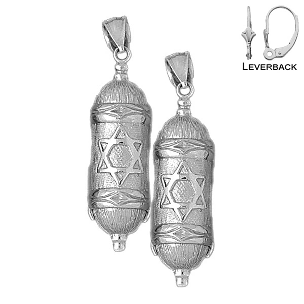 Sterling Silver 45mm Jewish Torah Scroll with Star Earrings (White or Yellow Gold Plated)