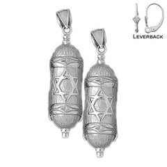 Sterling Silver 45mm Jewish Torah Scroll with Star Earrings (White or Yellow Gold Plated)