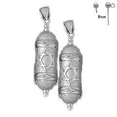 Sterling Silver 45mm Jewish Torah Scroll with Star Earrings (White or Yellow Gold Plated)