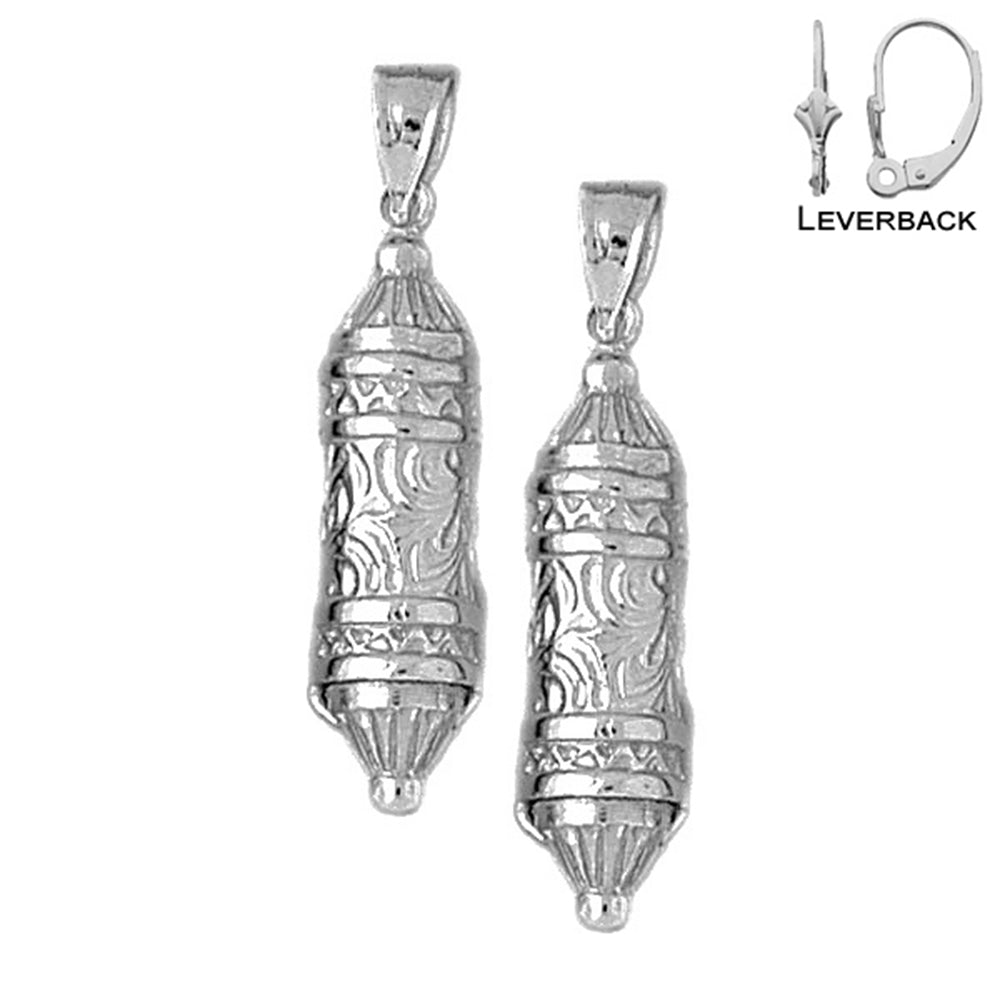 Sterling Silver 34mm Jewish Torah Scroll Earrings (White or Yellow Gold Plated)