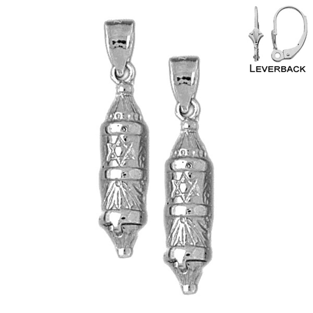 Sterling Silver 39mm Jewish Torah Scroll with Star Earrings (White or Yellow Gold Plated)