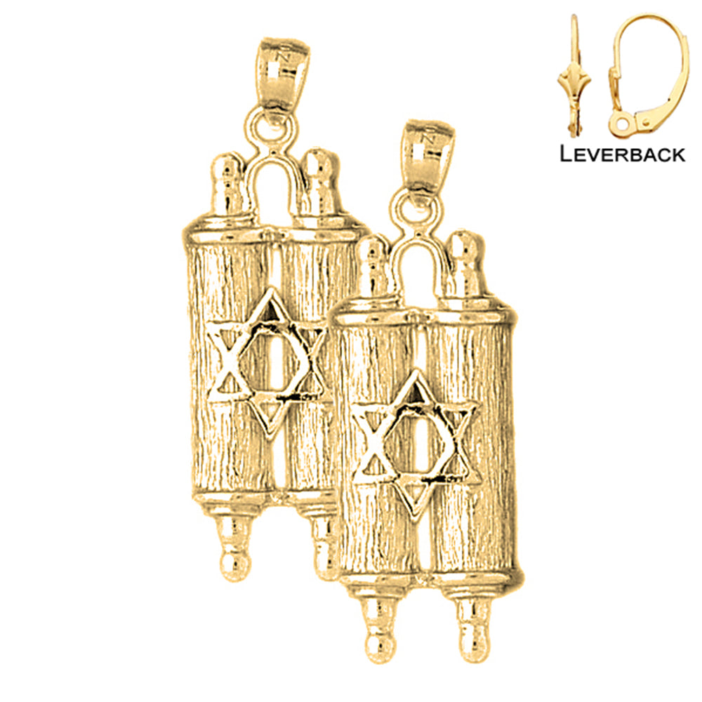 14K or 18K Gold Jewish Torah Scroll with Star Earrings