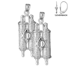 Sterling Silver 40mm Jewish Torah Scroll with Star Earrings (White or Yellow Gold Plated)