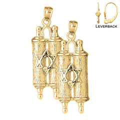 Sterling Silver 40mm Jewish Torah Scroll with Star Earrings (White or Yellow Gold Plated)