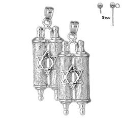 Sterling Silver 40mm Jewish Torah Scroll with Star Earrings (White or Yellow Gold Plated)