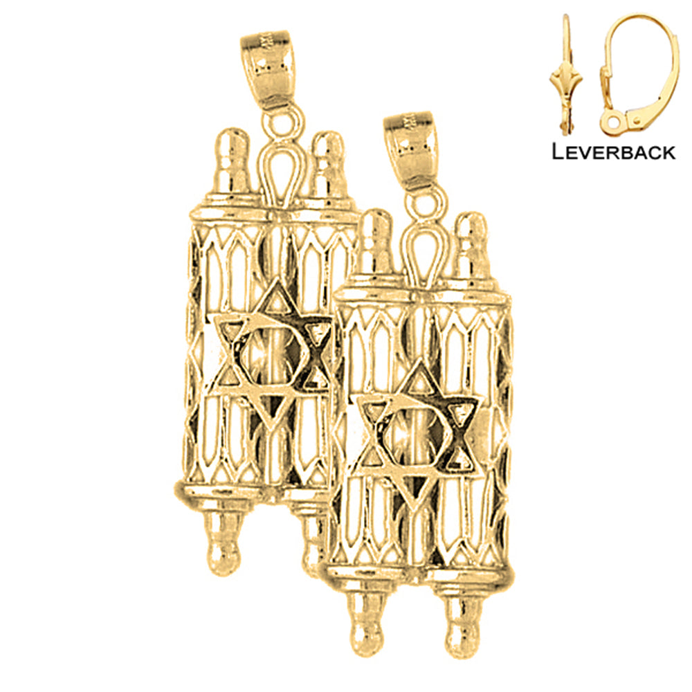 14K or 18K Gold Jewish Torah Scroll with Star Earrings