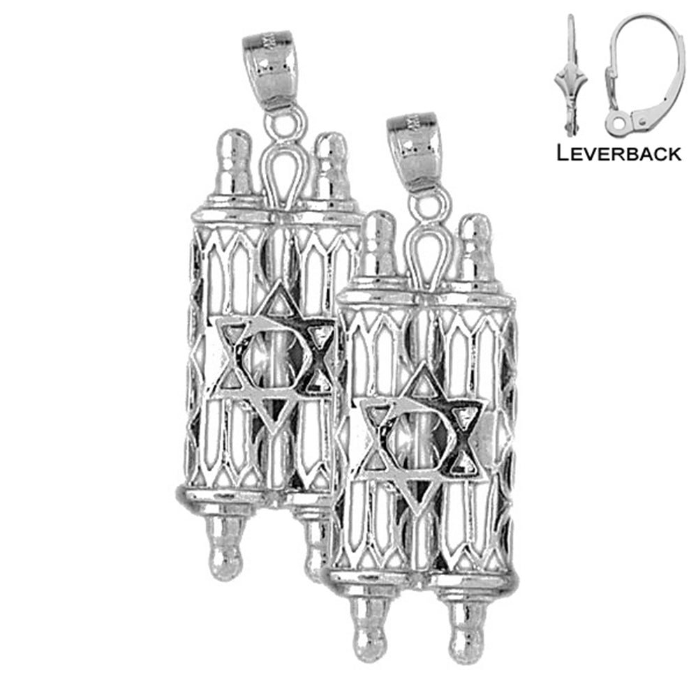 Sterling Silver 39mm Jewish Torah Scroll with Star Earrings (White or Yellow Gold Plated)